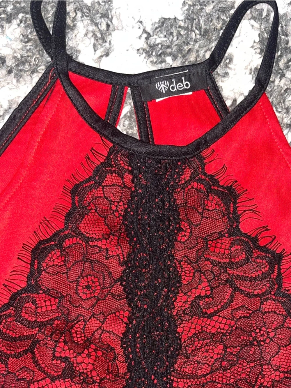 Deb Red Mini Dress with Black Lace Panel - Picture 2 of 6